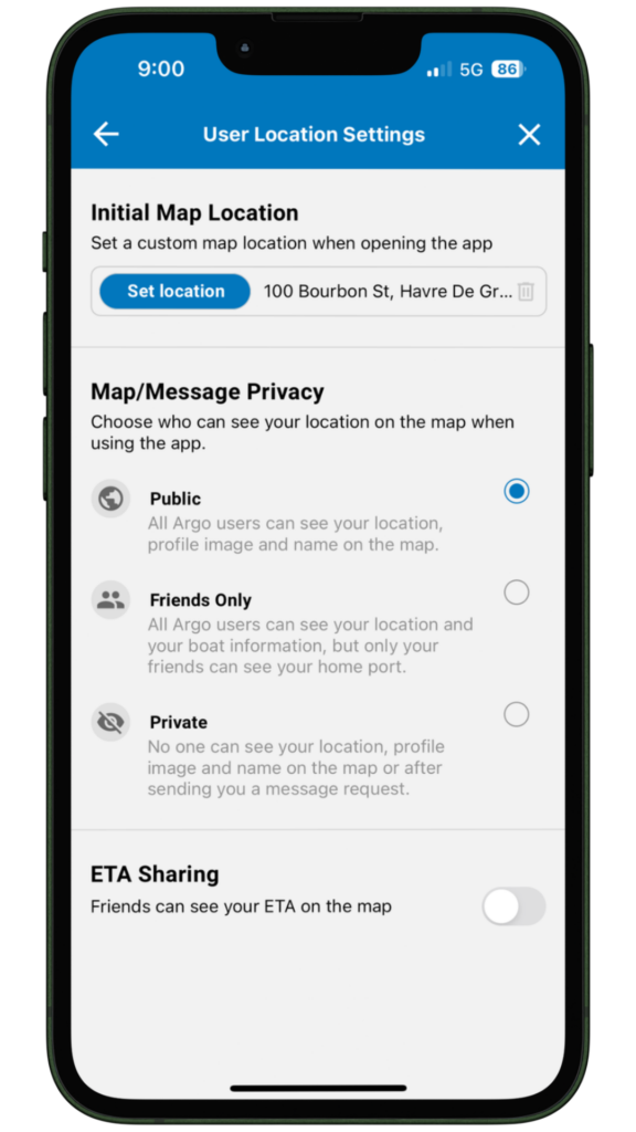 Argo User Location Settings amenities