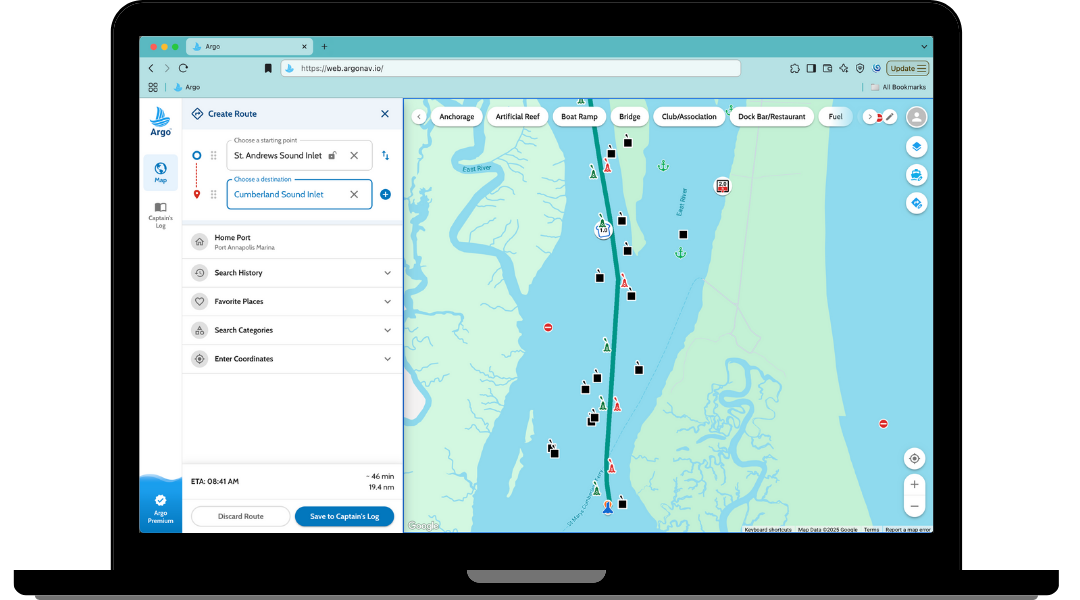 Argo Web App Route Example: Georgia’s ICW – St. Andrew Sound to Cumberland Island