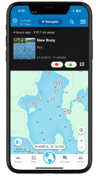 A report pin showing a missing marker on Lake Winnipesaukee.