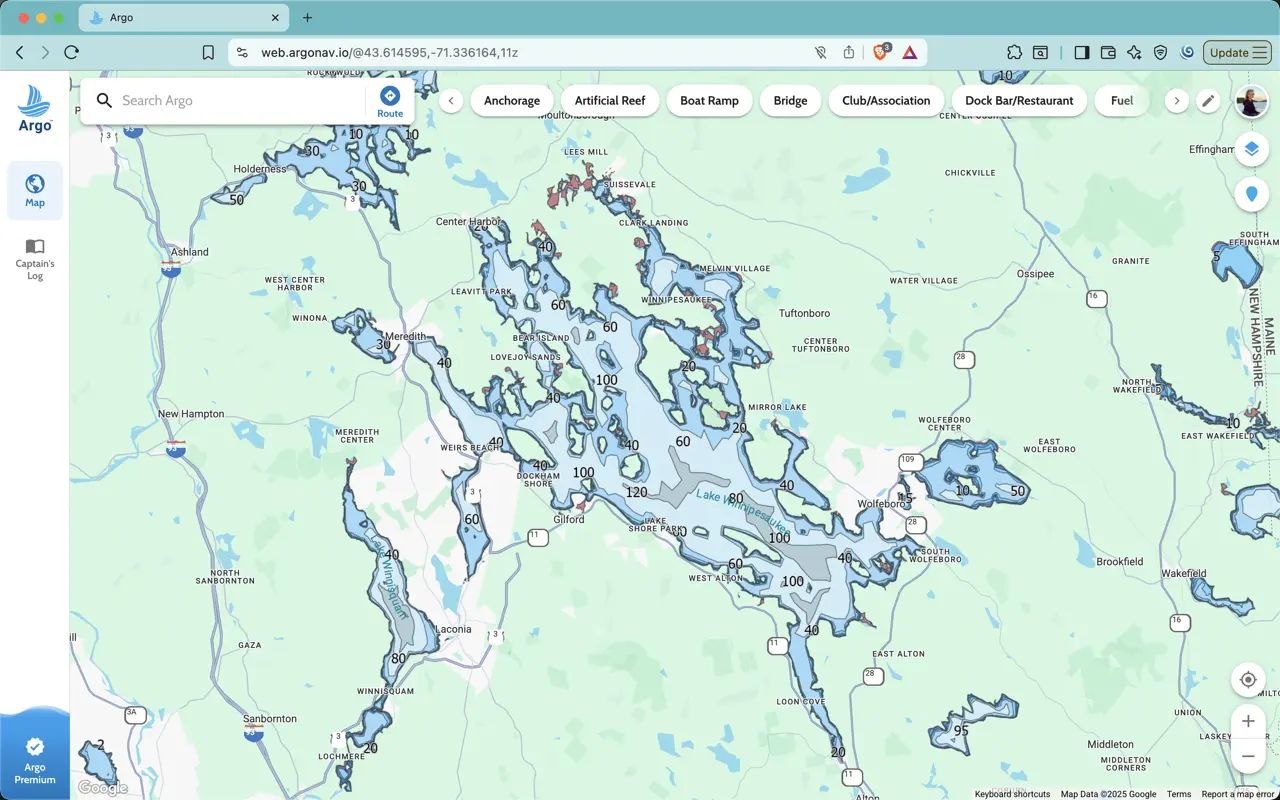Lake Winnipesaukee on Argo's web app.