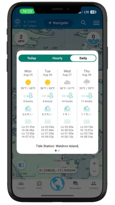 See up to 7 days of wind, weather, tide, current and wave height predictions in Argo.