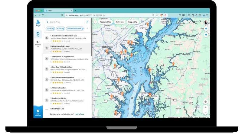 Options for places to stop on your boating trip in Argo's web app.