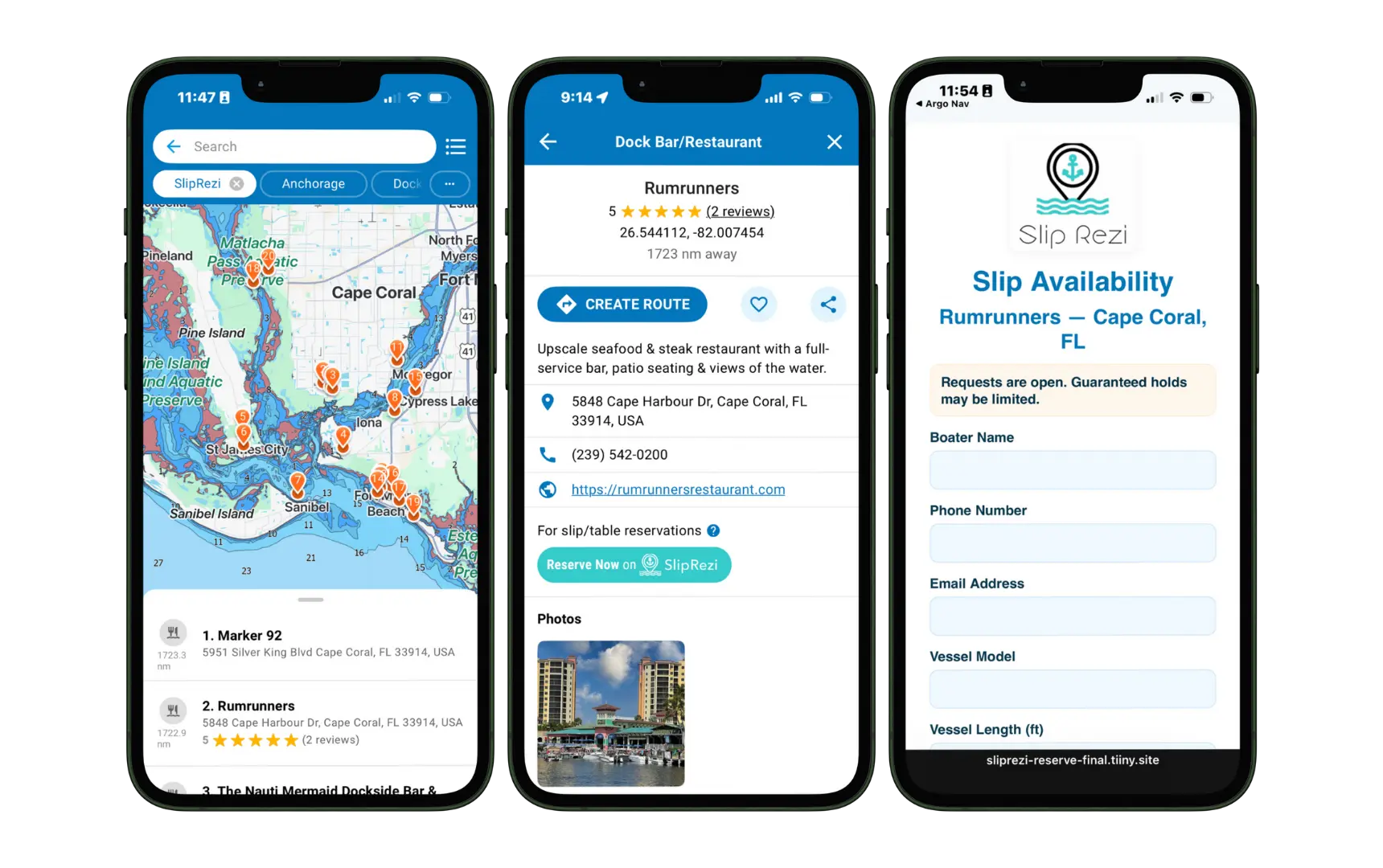 Screenshots of the Argo Navigation app showing SlipRezi integration, including a map view of dock and dine locations near Cape Coral, a restaurant listing for Rumrunners with routing options, and a SlipRezi slip availability reservation form.